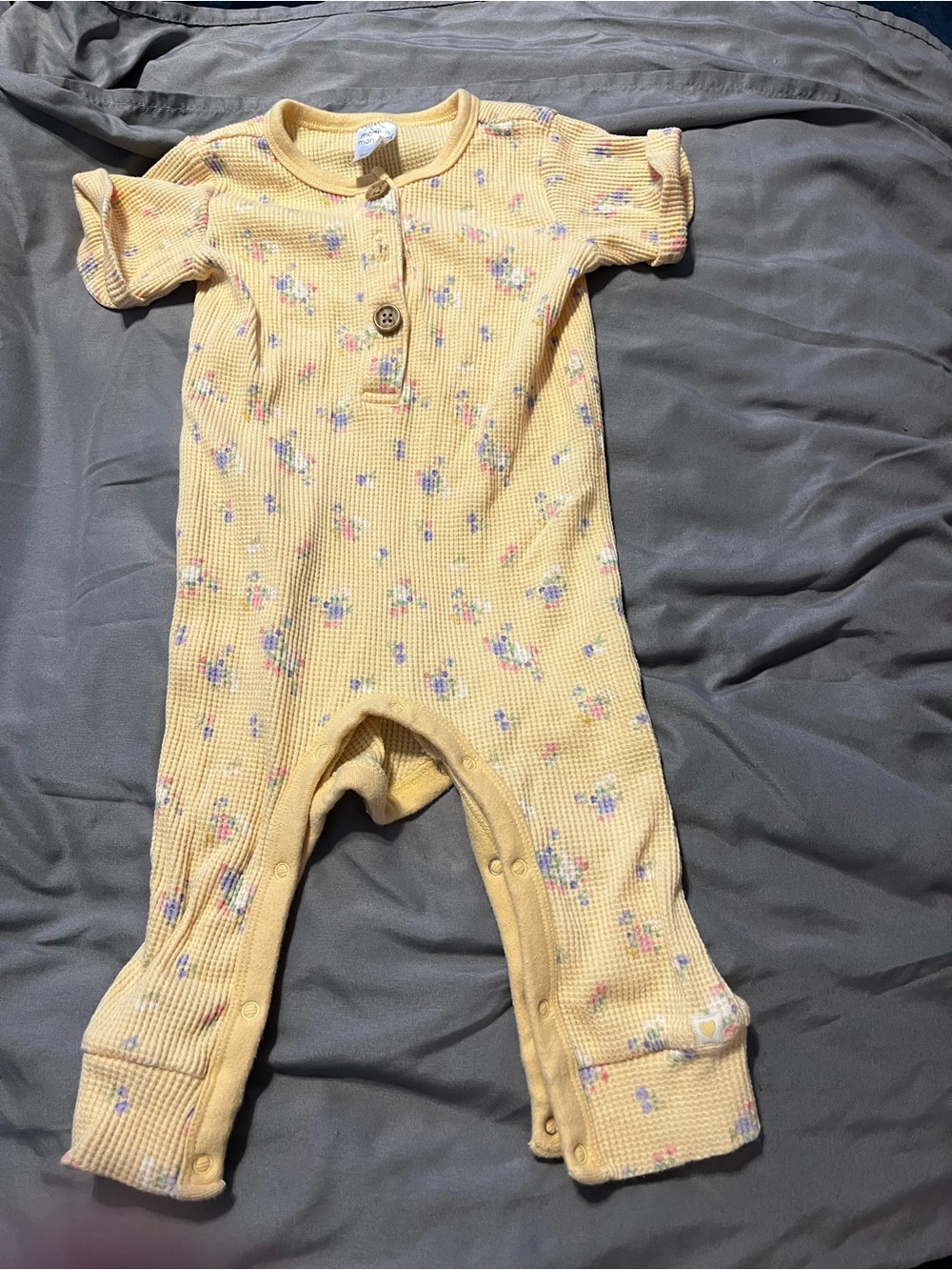 Soft Yellow Floral Waffle-Knit Baby One-Piece Romper
